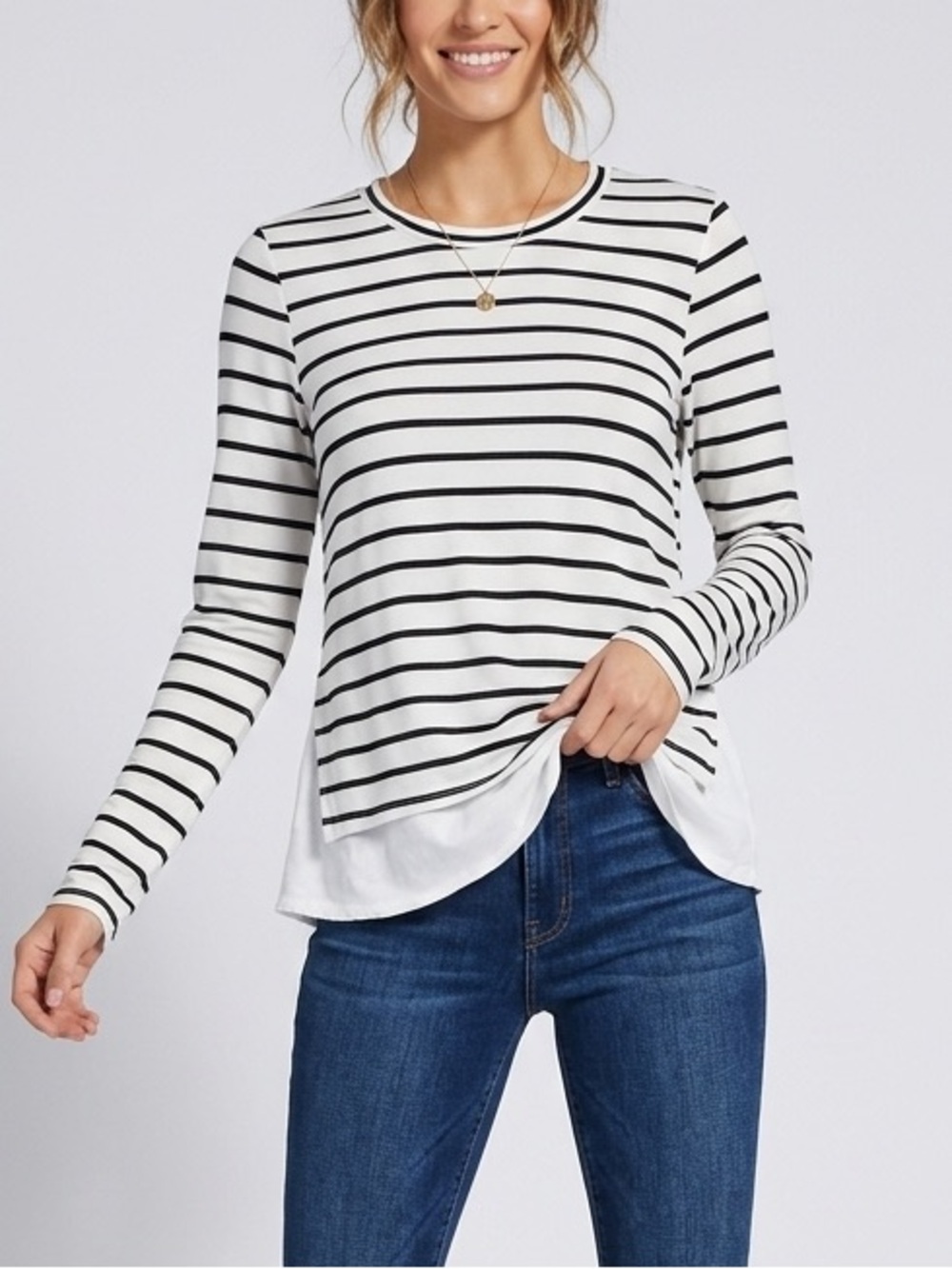 Generation Love Navy White Striped Long Sleeve Layered Tee Nautical Minimalist S